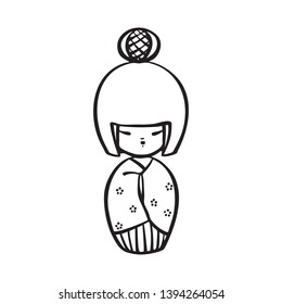 Hand drawn kokeshi doll. Vector black ink drawing isolated on white background. Graphic traditional Japan toy illustration.