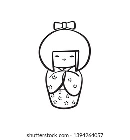 Hand drawn kokeshi doll. Vector black ink drawing isolated on white background. Graphic national japanese toy illustration.