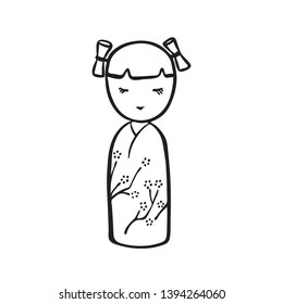 Hand drawn kokeshi doll. Vector black ink drawing isolated on white background. Graphic traditional japanese cartoon character illustration.