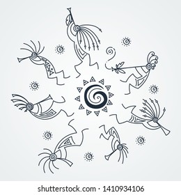 Hand drawn Kokopelli circle. Stylized mythical characters playing flutes. Vector art for prints. design, cards, children and coloring books, t-shirts
