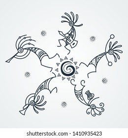 Hand drawn Kokopelli circle. Stylized mythical characters playing flutes. Vector art for prints, design, cards, children and coloring books, t-shirts