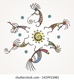 Hand drawn Kokopelli circle. Stylized mythical characters playing flutes. Vector art for prints. design, cards, children and coloring books, t-shirts