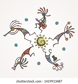 Hand drawn Kokopelli circle. Stylized mythical characters playing flutes. Vector art for prints, design, cards, children and coloring books, t-shirts