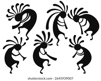 Mão desenhada Kokopelli figuras silhuetas conjunto. Personagem mítico estilizado tocando flauta