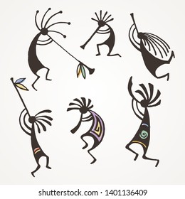 Hand drawn Kokopelli figures. Stylized mythical characters playing flutes. Vector art for prints. design, cards, children and coloring books, t-shirts