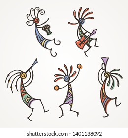 Hand drawn Kokopelli figures. Stylized mythical characters playing flutes. Vector art for prints. design, cards, children and coloring books, t-shirts