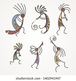 Hand drawn Kokopelli figures. Stylized mythical characters playing flutes. Vector art for prints. design, cards, children and coloring books, t-shirts