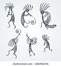 Hand drawn Kokopelli figures. Stylized mythical characters playing flutes. Vector art for prints. design, cards, children and coloring books, t-shirts
