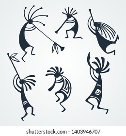 Hand drawn Kokopelli figures. Stylized mythical characters playing flutes. Vector art for prints. design, cards, children and coloring books, t-shirts