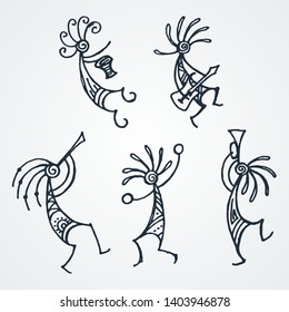 Hand drawn Kokopelli figures. Stylized mythical characters playing flutes. Vector art for prints. design, cards, children and coloring books, t-shirts