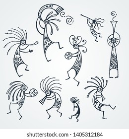 Hand drawn Kokopelli figures. Stylized mythical characters playing flutes. Vector art for prints. design, cards, children and coloring books, t-shirts