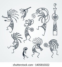 Hand drawn Kokopelli figures. Stylized mythical characters playing flutes. Vector art for prints. design, cards, children and coloring books, t-shirts