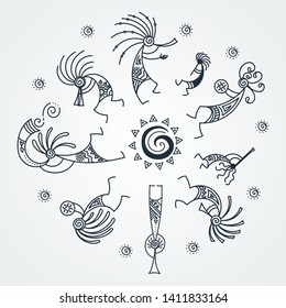 Hand drawn Kokopelli music circle. Stylized mythical characters playing flutes. Vector art for prints. design, cards, children and coloring books, t-shirts