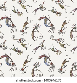 Hand drawn Kokopelli seamless pattern. Stylized mythical characters playing flutes. Vector art for prints. design, cards, children and coloring books, t-shirts