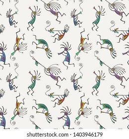 Hand drawn Kokopelli seamless pattern. Stylized mythical characters playing flutes. Vector art for prints. design, cards, children and coloring books, t-shirts