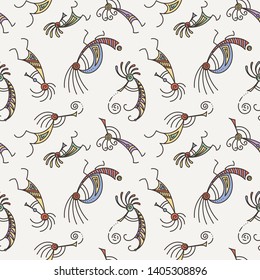 Hand drawn Kokopelli seamless pattern. Stylized mythical characters playing flutes. Vector art for prints. design, cards, children and coloring books, t-shirts
