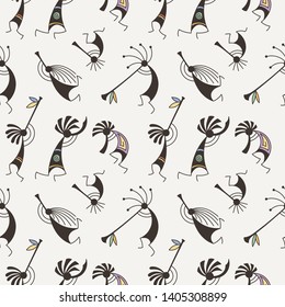 Hand drawn Kokopelli seamless pattern. Stylized mythical characters playing flutes. Vector art for prints. design, cards, children and coloring books, t-shirts