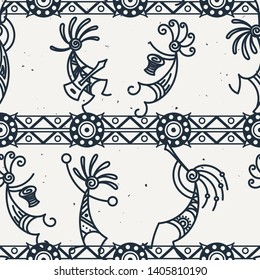 Hand drawn Kokopelli seamless pattern. Stylized mythical characters playing flutes. Vector art for prints. design, cards, children and coloring books, t-shirts