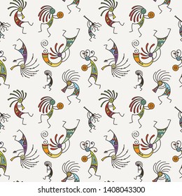 Hand drawn Kokopelli seamless pattern. Stylized mythical characters playing flutes. Vector art for prints. design, cards, children and coloring books, t-shirts