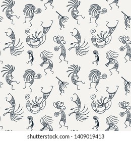 Hand drawn Kokopelli seamless pattern. Stylized mythical characters playing flutes. Vector art for prints. design, cards, children and coloring books, t-shirts