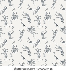 Hand drawn Kokopelli seamless pattern. Stylized mythical characters playing flutes. Vector art for prints. design, cards, children and coloring books, t-shirts