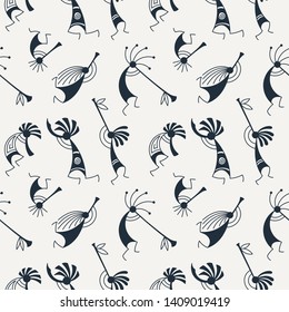 Hand drawn Kokopelli seamless pattern. Stylized mythical characters playing flutes. Vector art for prints. design, cards, children and coloring books, t-shirts