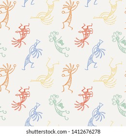 Hand drawn Kokopelli seamless pattern. Stylized mythical characters playing flutes. Vector art for prints. design, cards, children and coloring books, t-shirts