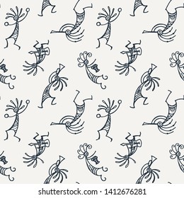 Hand drawn Kokopelli seamless pattern. Stylized mythical characters playing flutes. Vector art for prints. design, cards, children and coloring books, t-shirts