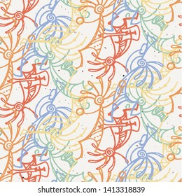 Hand drawn Kokopelli seamless pattern. Stylized mythical characters playing flutes. Vector art for prints. design, cards, children and coloring books, t-shirts