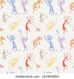 Hand drawn Kokopelli seamless pattern. Stylized mythical characters playing flutes. Vector art for prints. design, cards, children and coloring books, t-shirts
