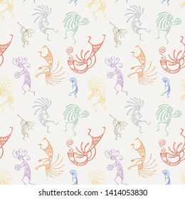 Hand drawn Kokopelli seamless pattern. Stylized mythical characters playing flutes. Vector art for prints. design, cards, children and coloring books, t-shirts