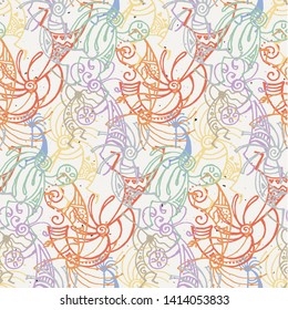 Hand drawn Kokopelli seamless pattern. Stylized mythical characters playing flutes. Vector art for prints. design, cards, children and coloring books, t-shirts