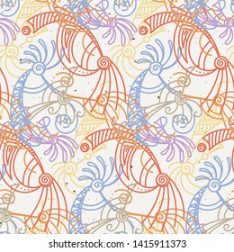 Hand drawn Kokopelli seamless pattern. Stylized mythical characters playing flutes. Vector art for prints. design, cards, children and coloring books, t-shirts