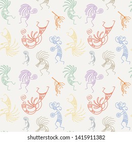 Hand drawn Kokopelli seamless pattern. Stylized mythical characters playing flutes. Vector art for prints. design, cards, children and coloring books, t-shirts