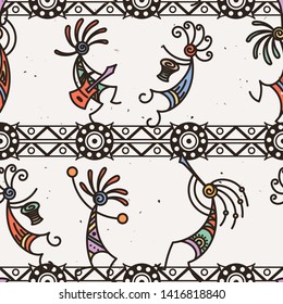 Hand drawn Kokopelli seamless pattern. Stylized mythical characters playing flutes. Vector art for prints. design, cards, children and coloring books, t-shirts