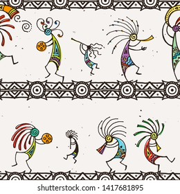 Hand drawn Kokopelli seamless pattern. Stylized mythical characters playing flutes. Vector art for prints. design, cards, children and coloring books, t-shirts