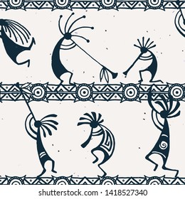 Hand drawn Kokopelli seamless pattern. Stylized mythical characters playing flutes. Vector art for prints. design, cards, children and coloring books, t-shirts