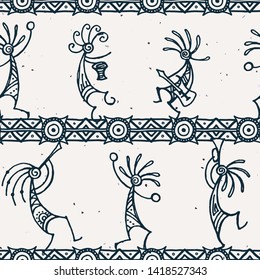 Hand drawn Kokopelli seamless pattern. Stylized mythical characters playing flutes. Vector art for prints. design, cards, children and coloring books, t-shirts