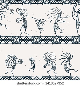 Hand drawn Kokopelli seamless pattern. Stylized mythical characters playing flutes. Vector art for prints. design, cards, children and coloring books, t-shirts