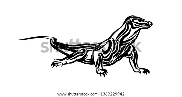 手描きのコモドドラゴン 白い背景にベクター画像の黒いインク描画トカゲ 動物のグラフィックイラスト のベクター画像素材 ロイヤリティフリー