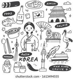 Hand Drawn Korea Doodle Set, Traditional Clothes, Food and Drink, culture