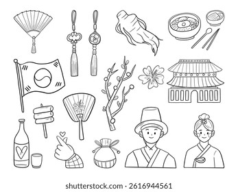 Hand Drawn Korean Culture Icon Line Art. A curated set of 16 hand drawn Korean cultural elements, including food, hanbok, cherry blossoms, and gestures in clean line art style perfect for stickers