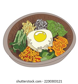 hand drawn korean food Bibimbap illustration. Vector illustration of a bibimbap recipe. Traditional Korean dish Bibimbap with fried egg, squid, shrimp, cucumber, soy sprouts and seaweed. Asian food.