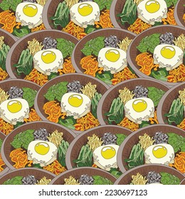 hand drawn korean food Bibimbap illustration. seamless pattern bibimbap recipe. Traditional Korean dish Bibimbap with fried egg, squid, shrimp, cucumber, soy sprouts and seaweed. Asian food background