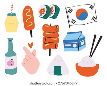 Hand drawn Korean food elements including kimbap, tteokbokki, rice, milk, drink, and flag in doodle style. Perfect for food, culture, and Korea themed designs.