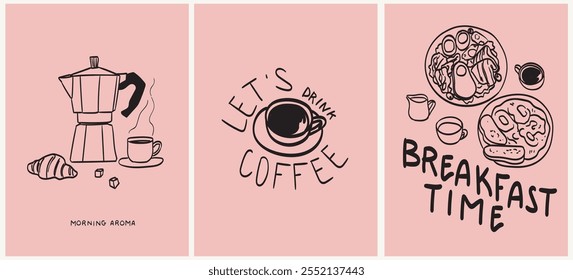 Café da manhã desenhado à mão la dolce vita. Ilustração vetorial de comida e café em tinta de doodle, giz, estilo de desenho de giz de cera. Arte em linha minimalista para impressões, cartazes, cartazes, menus no café ou restaurante.