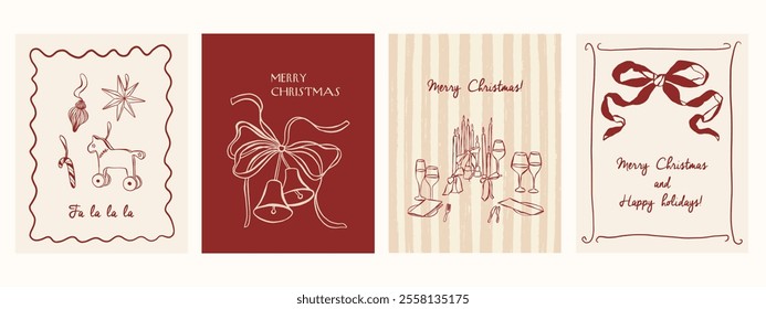 Hand drawn la dolce vita Christmas doodles. Vector illustration cards with bows and candles. Minimalist winter line art. Illustration for invitations, stationery, printables, social media