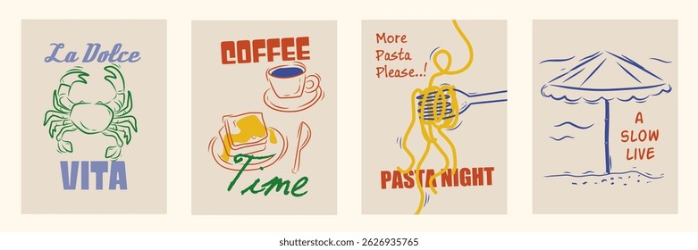 A mão desenhou os rabiscos de la dolce vita. Wall art com massa e caranguejo, ícone do café. Linha de arte minimalista. Conjunto de ilustração vetorial mediterrânea para convites, papelaria, impressáveis, mídias sociais, cartaz