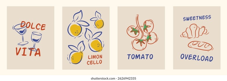 A mão desenhou os rabiscos de la dolce vita. Arte de parede com vinho, limão, tomate, pão. Linha de arte minimalista. Conjunto de ilustração vetorial mediterrânea para convites, papelaria, impressáveis, mídias sociais, cartaz.