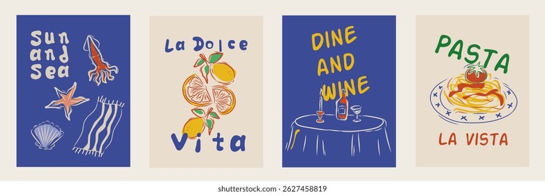 Hand drawn la dolce vita doodles. Wall art with wine, lemon, seafood, pasta. Minimalist line art. Set of mediterranean concept vector illustration for invitations, printables, social media, poster.